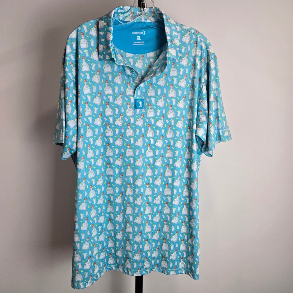Bogey Bros Mens XL Tequila Bottle Lime Golf Polo Shirt Blue Short Sleeve Stretch